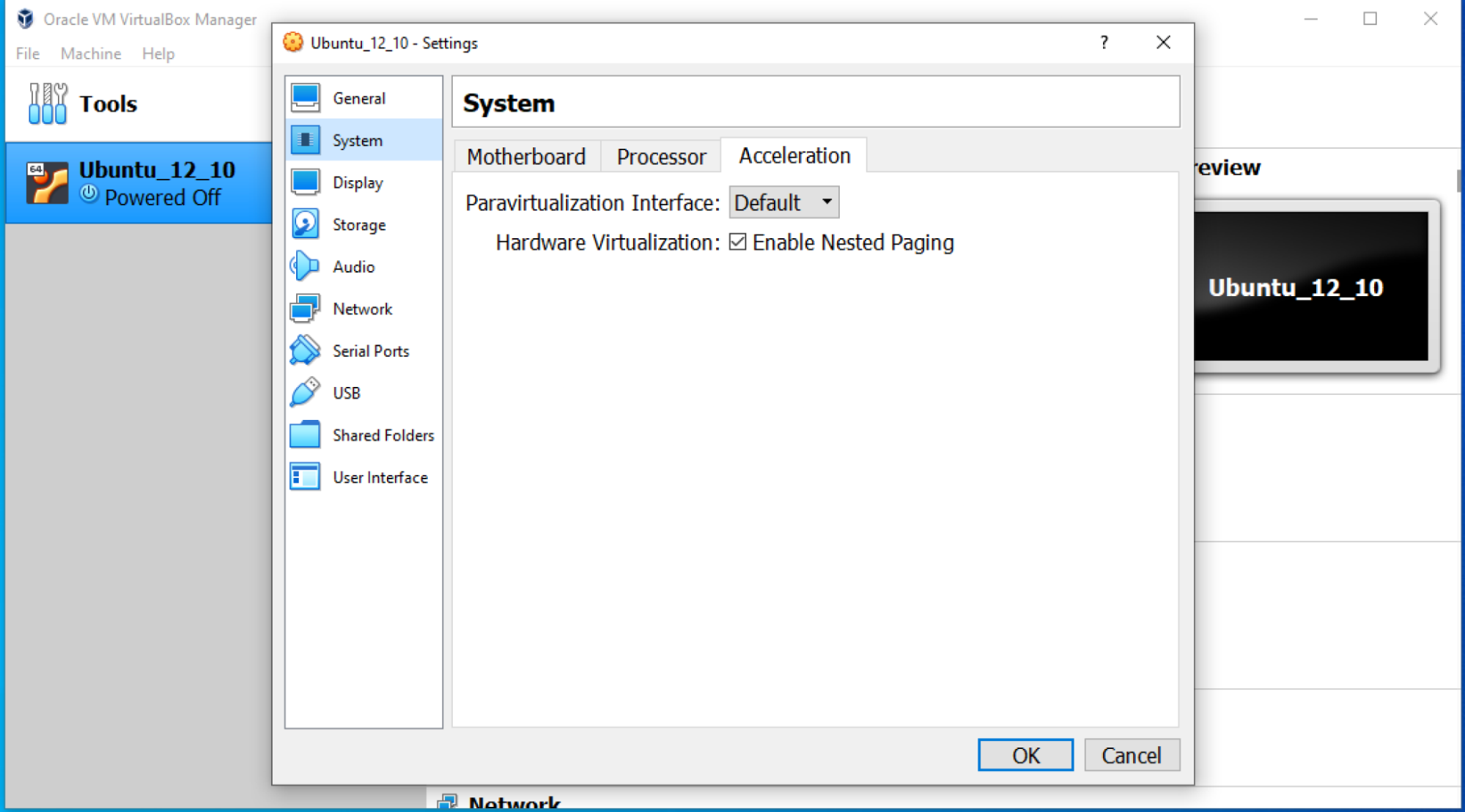 The acceleration tab insures the host machine supports virtualization by default and enables nested paging