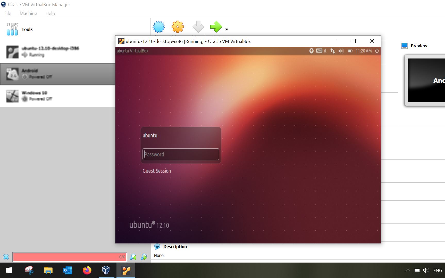 The virtual machine of ubuntu is running and asks you to log in to get started
