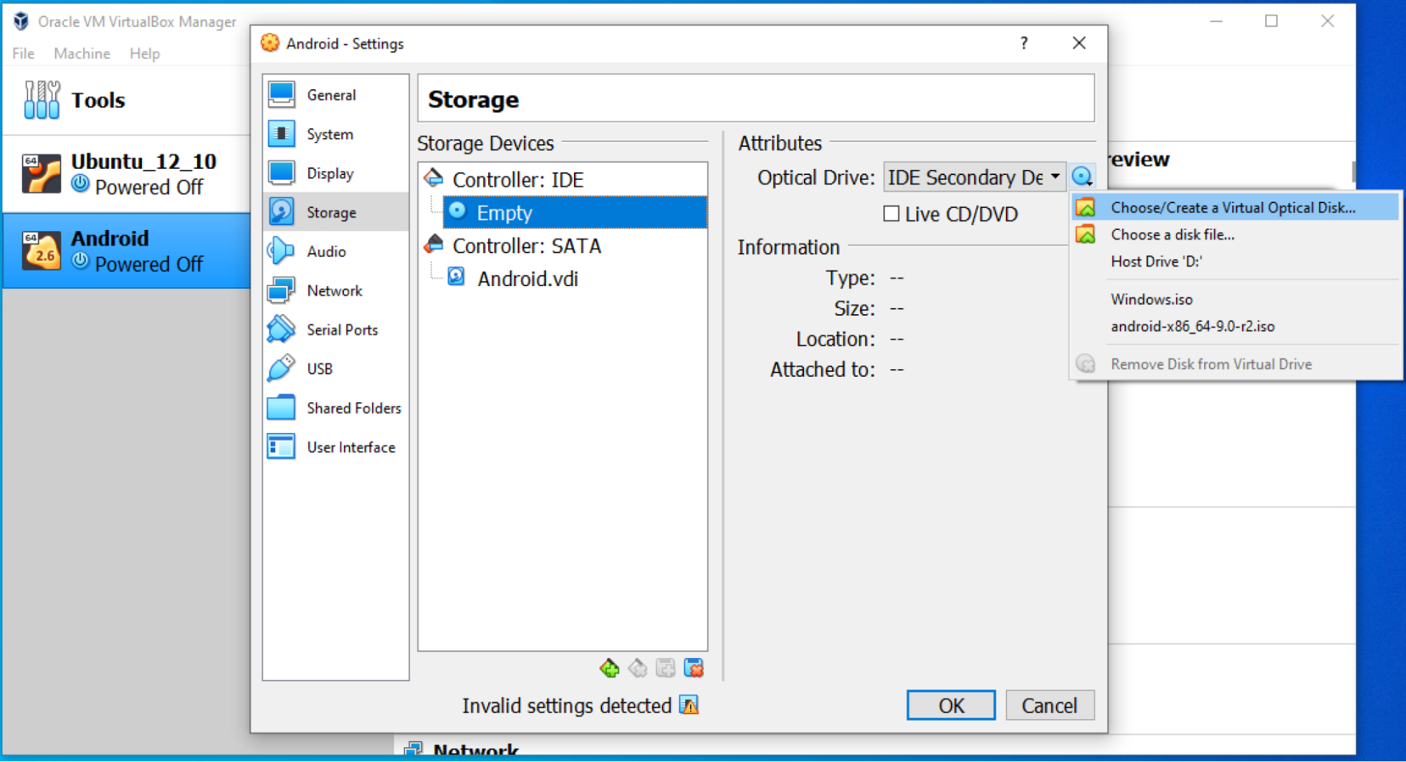 In the storage tab select empty in controller IDE you can select the optical drive and create the disk