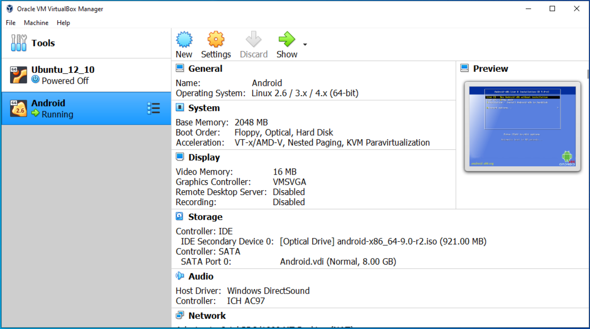 The Virtualbox app shows that the android virtual machine is running
