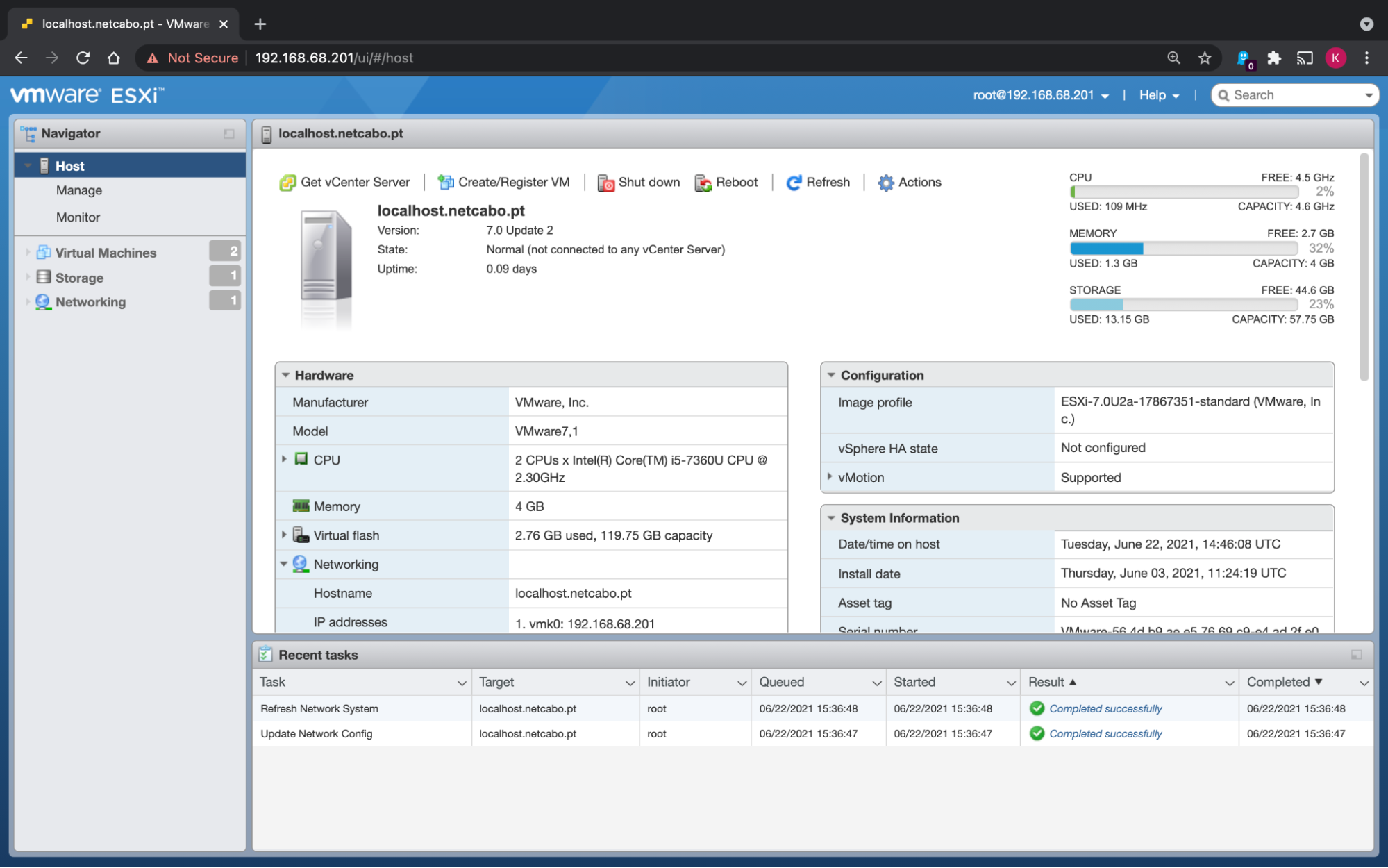 The dashboard has all of the options and statuses of your ESXi servers