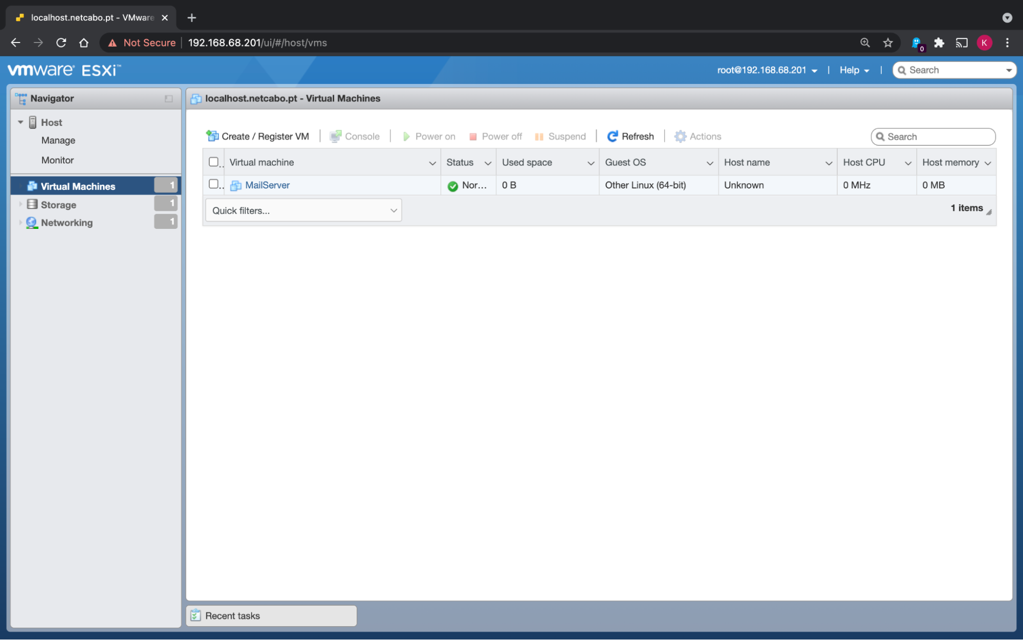 The existing VMs list now displays the VM that you have successfully created