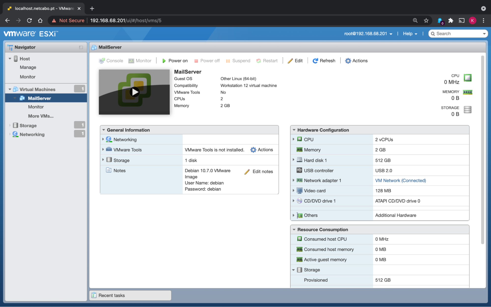 The configuration settings for the VMS can be viewed now on ESXi