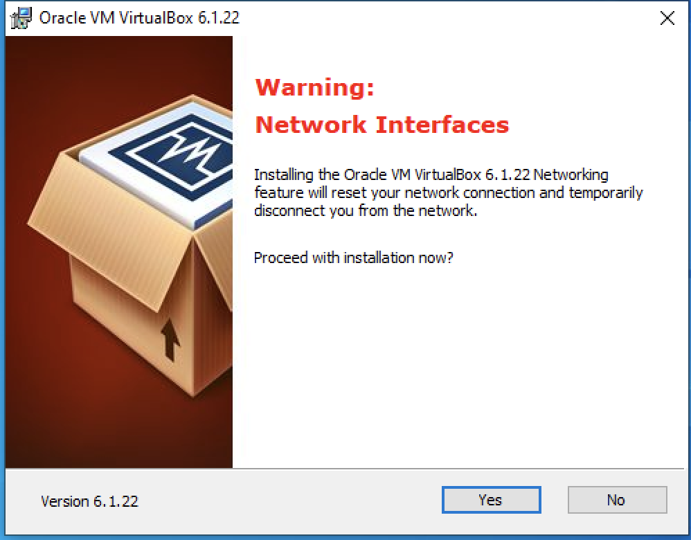 The final window in the installation and set up process it warns that network features will be reset and you will be disconnected from the network before asking you to confirm