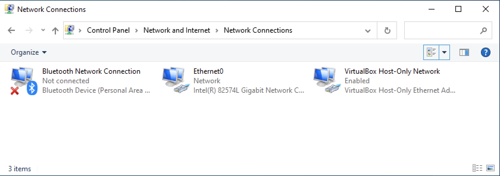 A screen shot that shows the network connections available a virtualbox only network is now available