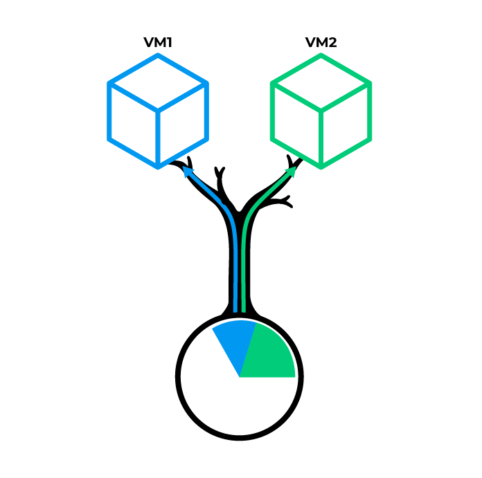 A tree where the roots are computer resources the trunk carries the resources up to two branches each branch is a different virtual machine