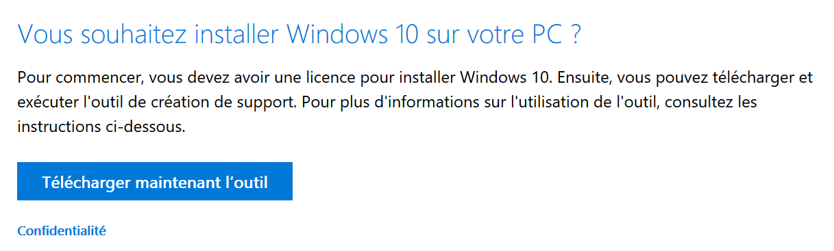 une capture d'écran du site qui demande si vous souhaitez télécharger windows 10 avec un bouton bleu