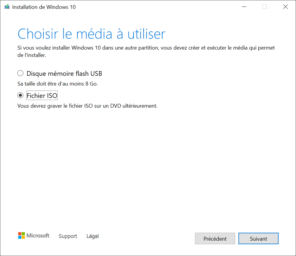 Installer Windows 10 sur un fichier ISO en cliquant sur la deuxième option