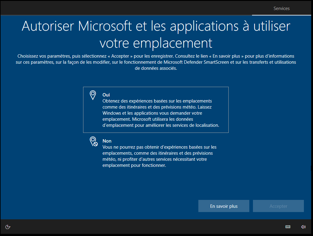 Autoriser Microsoft à utiliser votre emplacement en sélectionnant oui ou non