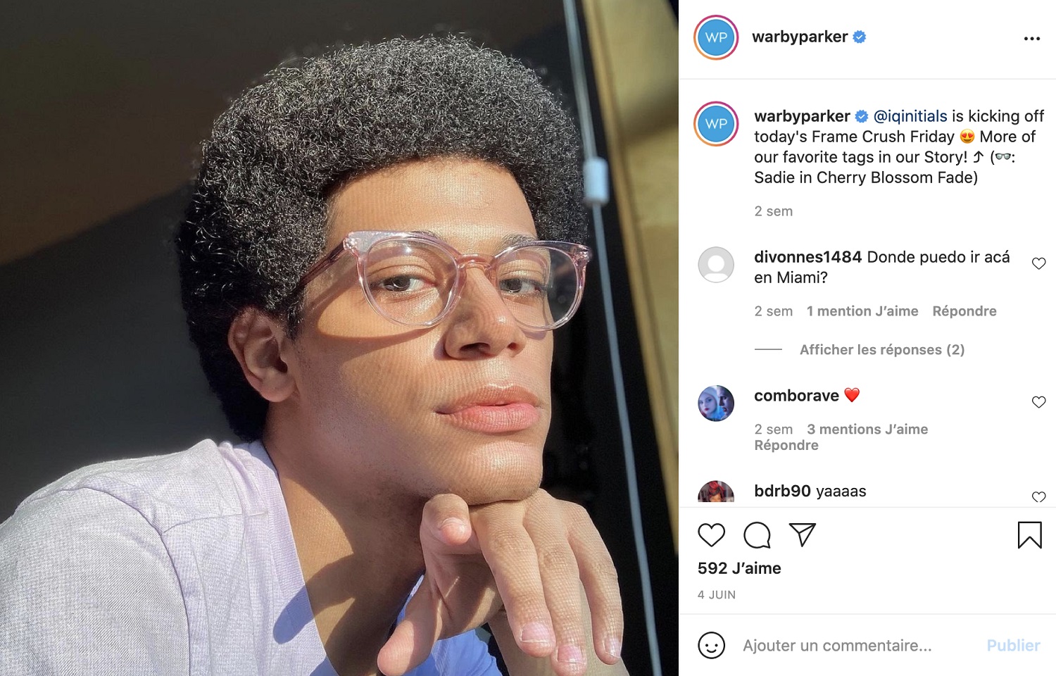 Publication Instagram avec un portrait d'un jeune homme.