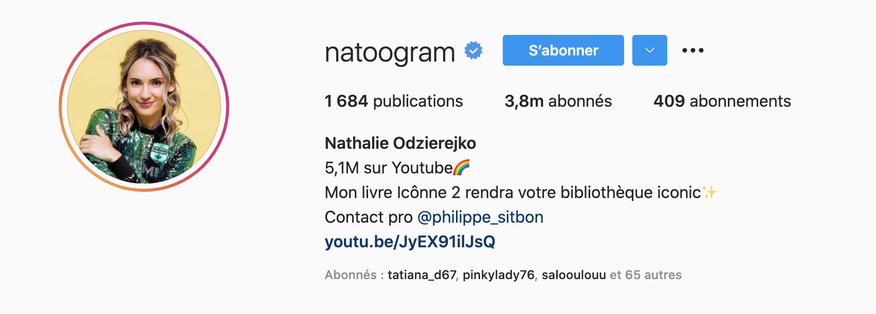 Screenshot du profil instagram de l’influenceuse Natoo
