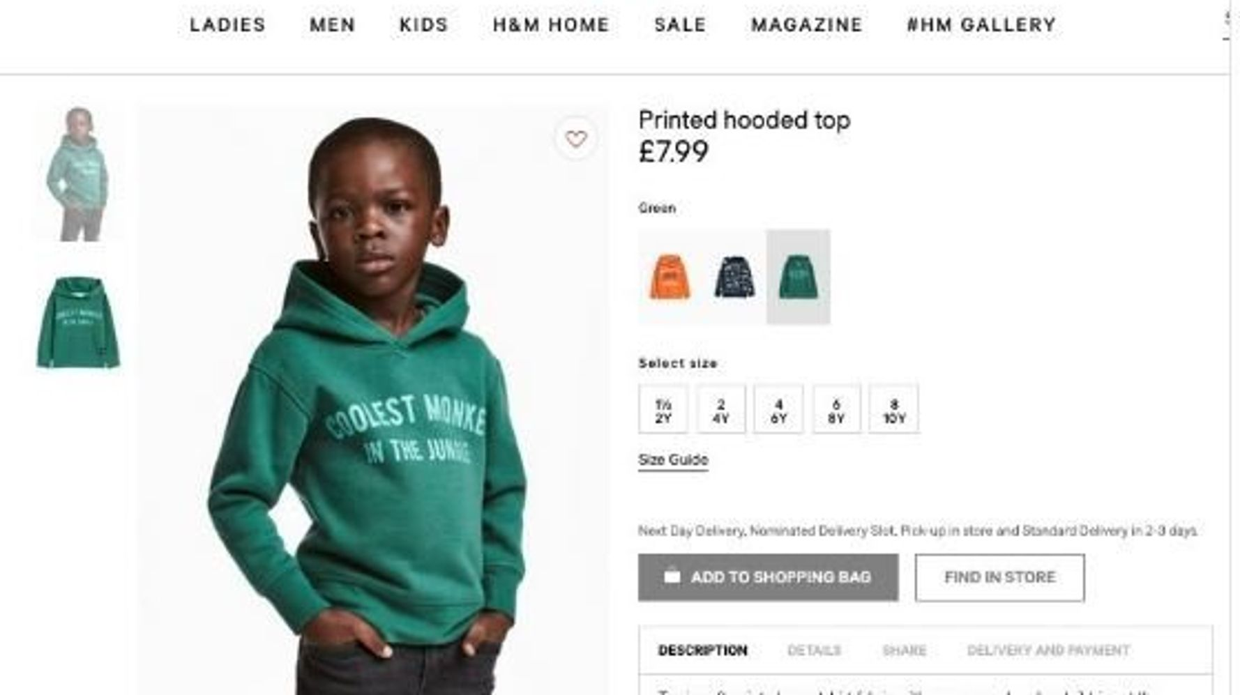 Screenshot de la page produit H&M où l'on voit en modèle un petit garçon à la peau noire, portant  le sweat-shirt en question.