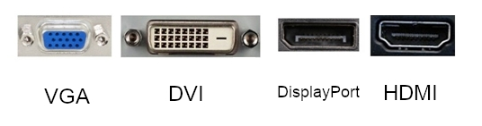 Ports d’affichage communs : (en partant de la gauche) VGA, DVI, DisplayPort et HDMI