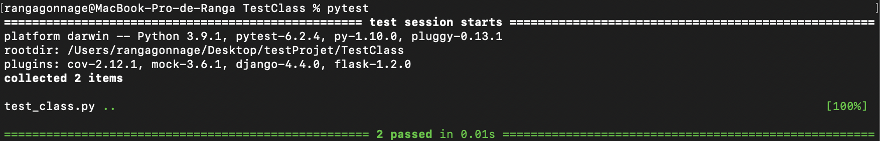 Les deux tests de la classe de tests sont lancés une fois que la commande `pytest`est exécutée sur le terminal.