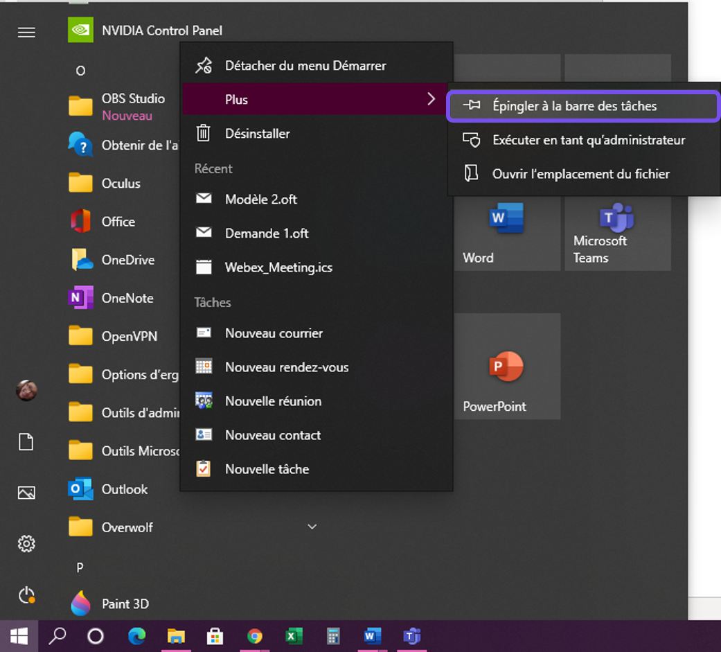 Épingler à la barre de tâches dans le Menu Démarrer de Windows 10