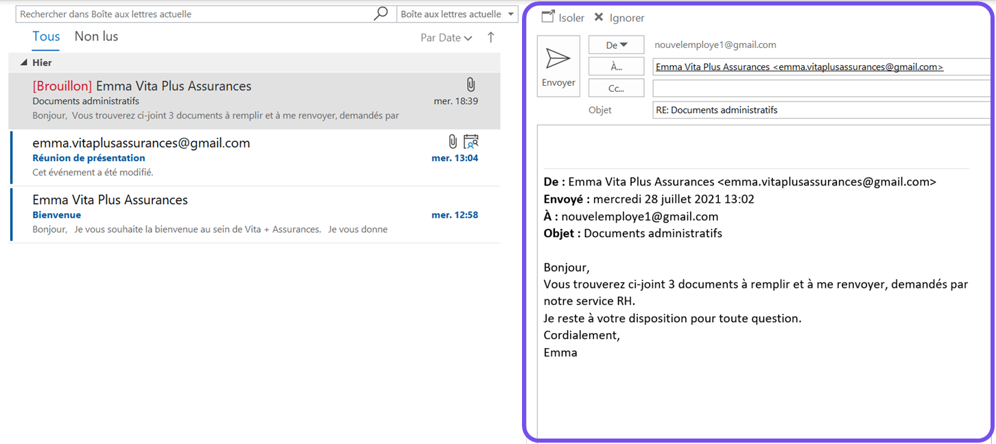 Vos mails s’affichent dans le volet de lecture à droite