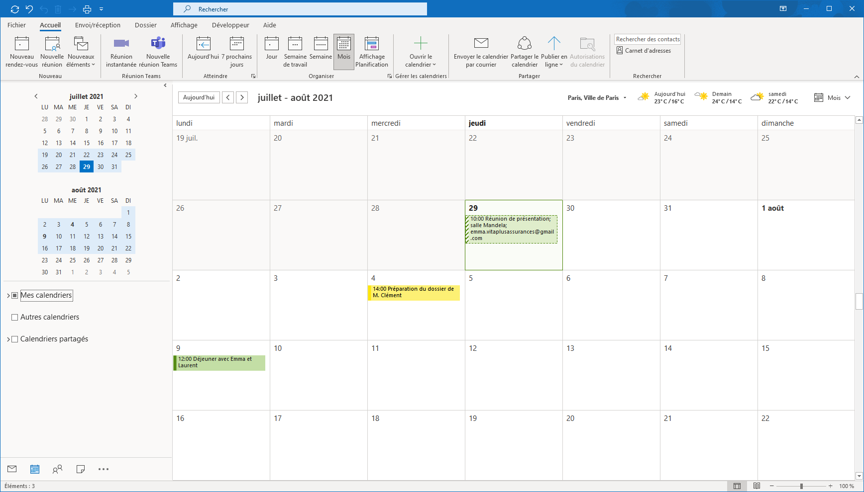 Fenêtre du calendrier dans laquelle s’affichent vos rendez-vous et vos réunions