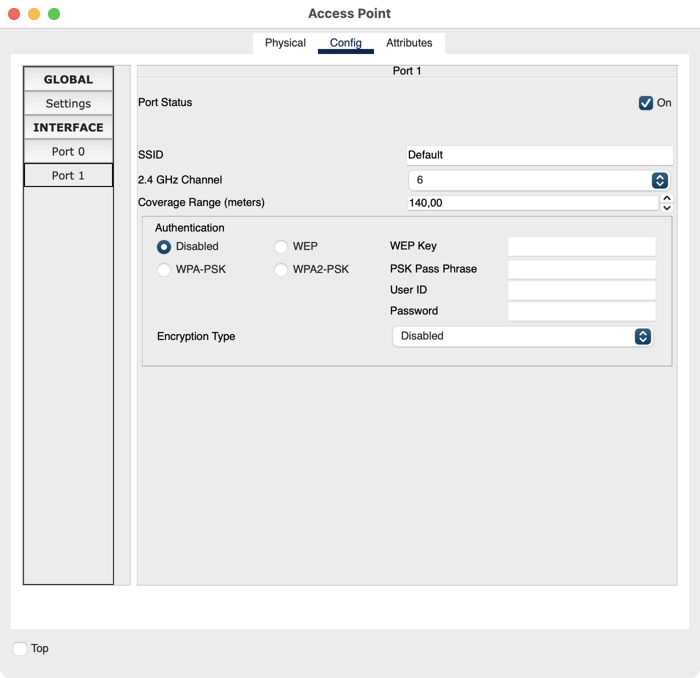 Screenshot de l'interface de configuration du point d’accès sans fil de Packet Tracer
