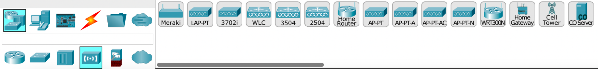 Screenshot des équipements sans fil présents dans Cisco Packet Tracer