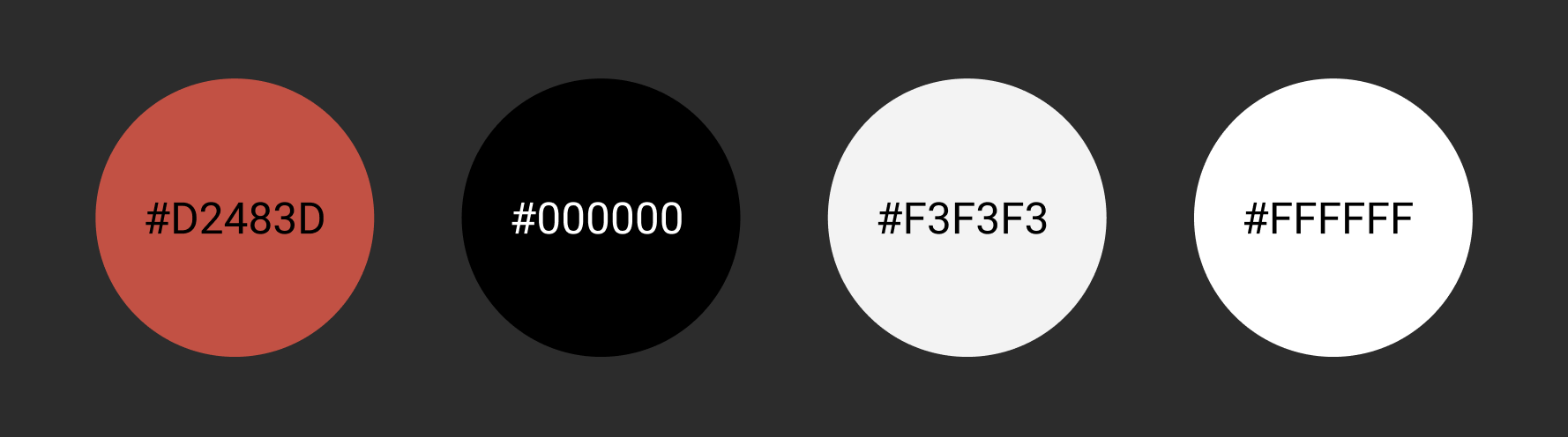 Quatre cercles avec les hex codes #D2483D (rouge), #000000 (noir), #F3F3F3 (gris), #FFFFFF (blanc).