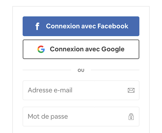 Screenshot d'une interface proposant une identifications par un service externe de type connexion avec Facebook, Google ou adresse e-mail.