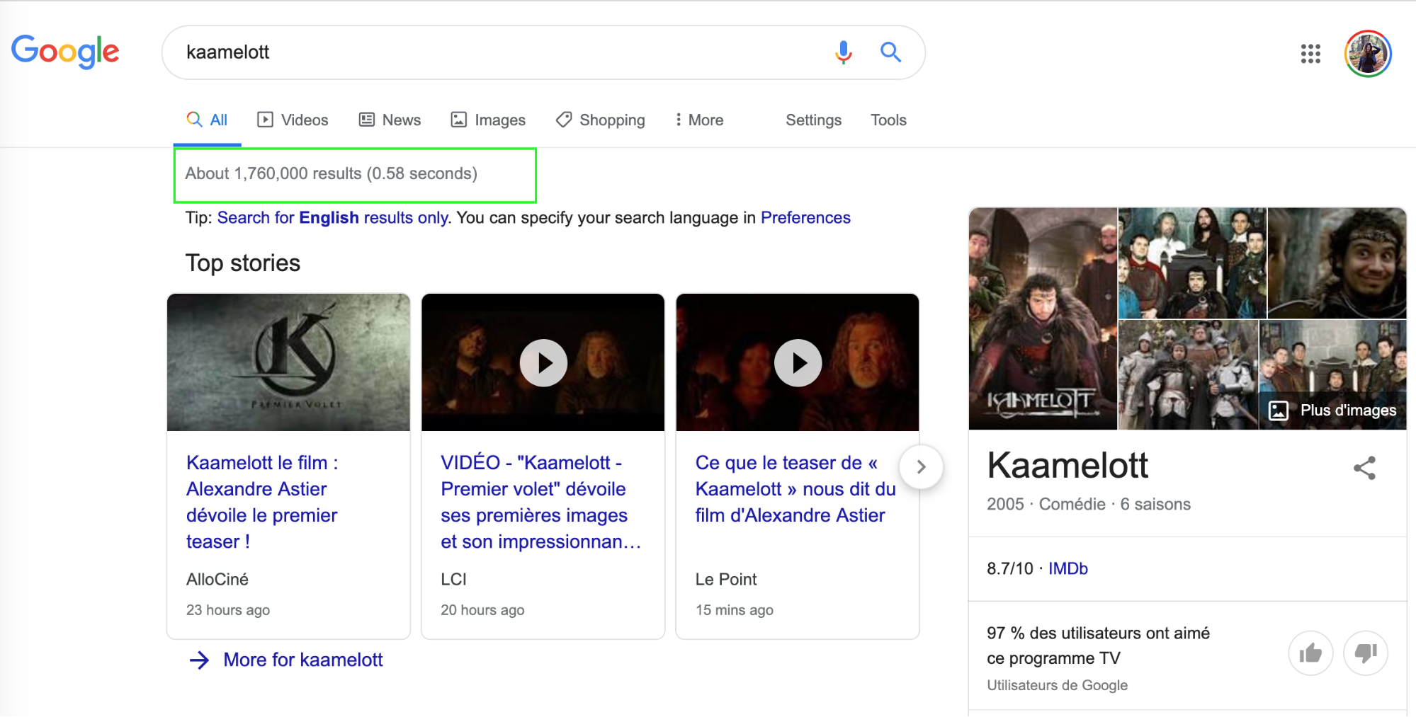 1 million de résultats lorsque l'on cherche Kaamelott sur Google  !