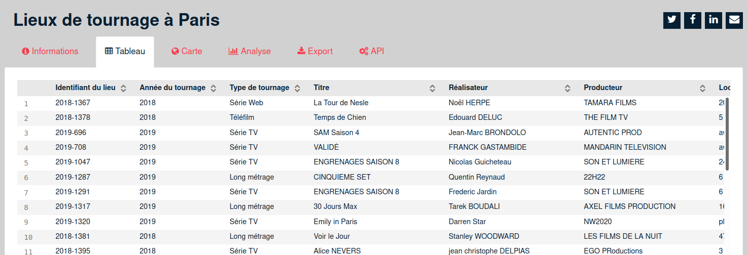Screenshot de la liste des lieux de tournage sur le site de la Ville de Paris