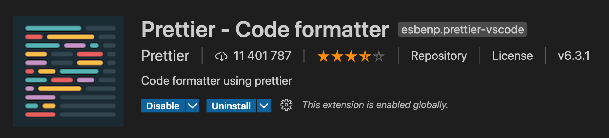 The Prettier extension in VS Code