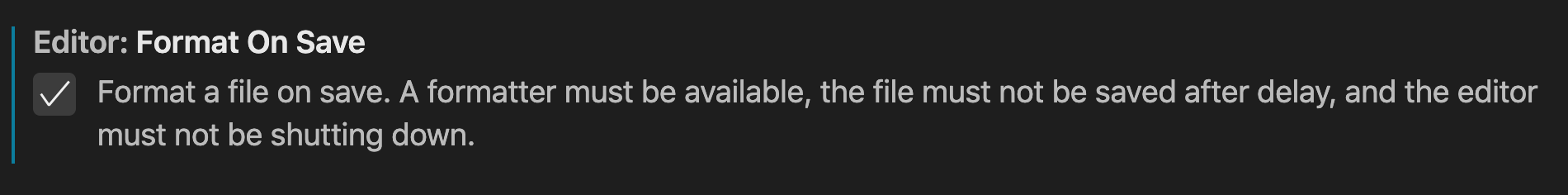 The setting to be activated in VSCode to format on save