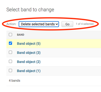L'action « Delete selected bands » est sélectionnée.