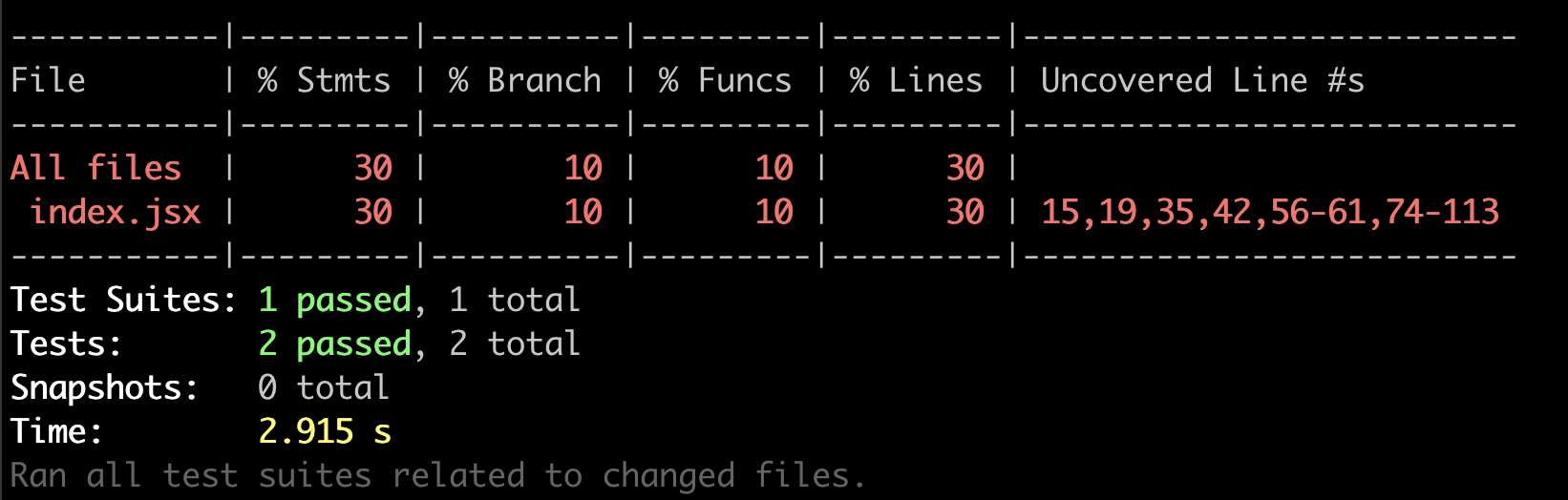 Test coverage is displayed in table form on the terminal