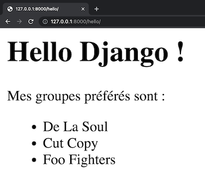 Le navigateur affiche la phrase « Hello Django ! », suivi par « Mes groupes préférés sont » et 3 éléments d'une liste, De La Soul, Cut Copy et Foo Fighters.