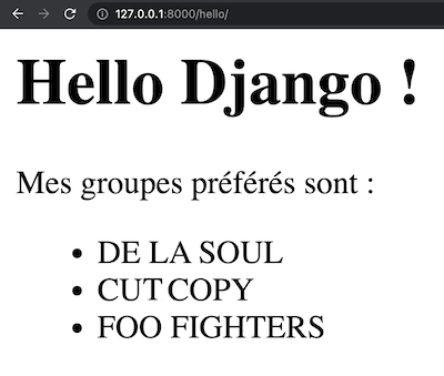 Le navigateur affiche la phrase « Hello Django ! », suivi par « Mes groupes préférés sont » et 3 éléments d'une liste en majuscule, De La Soul, Cut Copy et Foo Fighters.