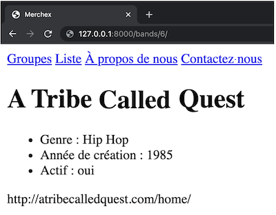 La page s'intitule « A Tribe Called Quest » et présente le genre du groupe, son année de création, son statut actif et sa page d'accueil.