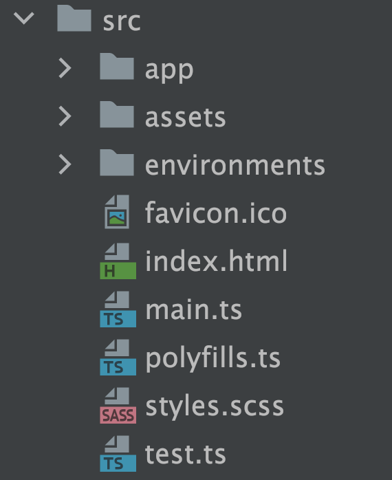 Le dossier src contient des sous-dossiers app, assets, et environments, et quelques fichiers HTML, SCSS et TS.