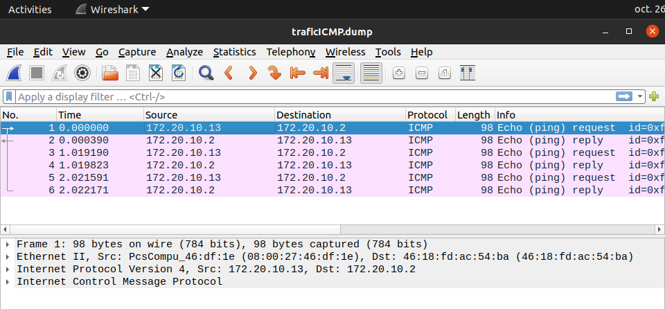 Capture d’écran du logiciel Wireshark affichant la visualisation d’une trace réseau