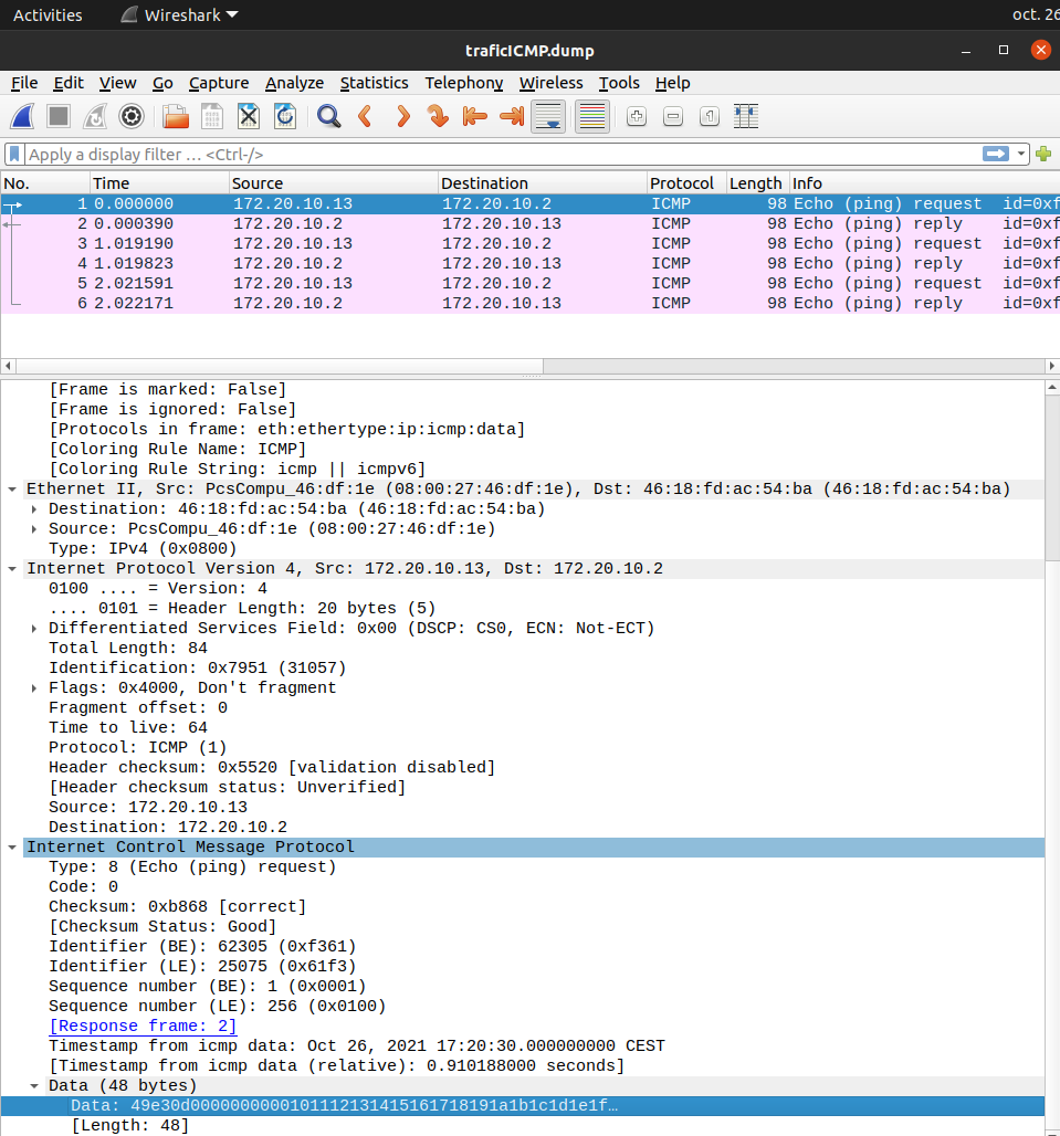 Capture d’écran du logiciel Wireshark affichant le détail des paquets ICMP dans une trace réseau.