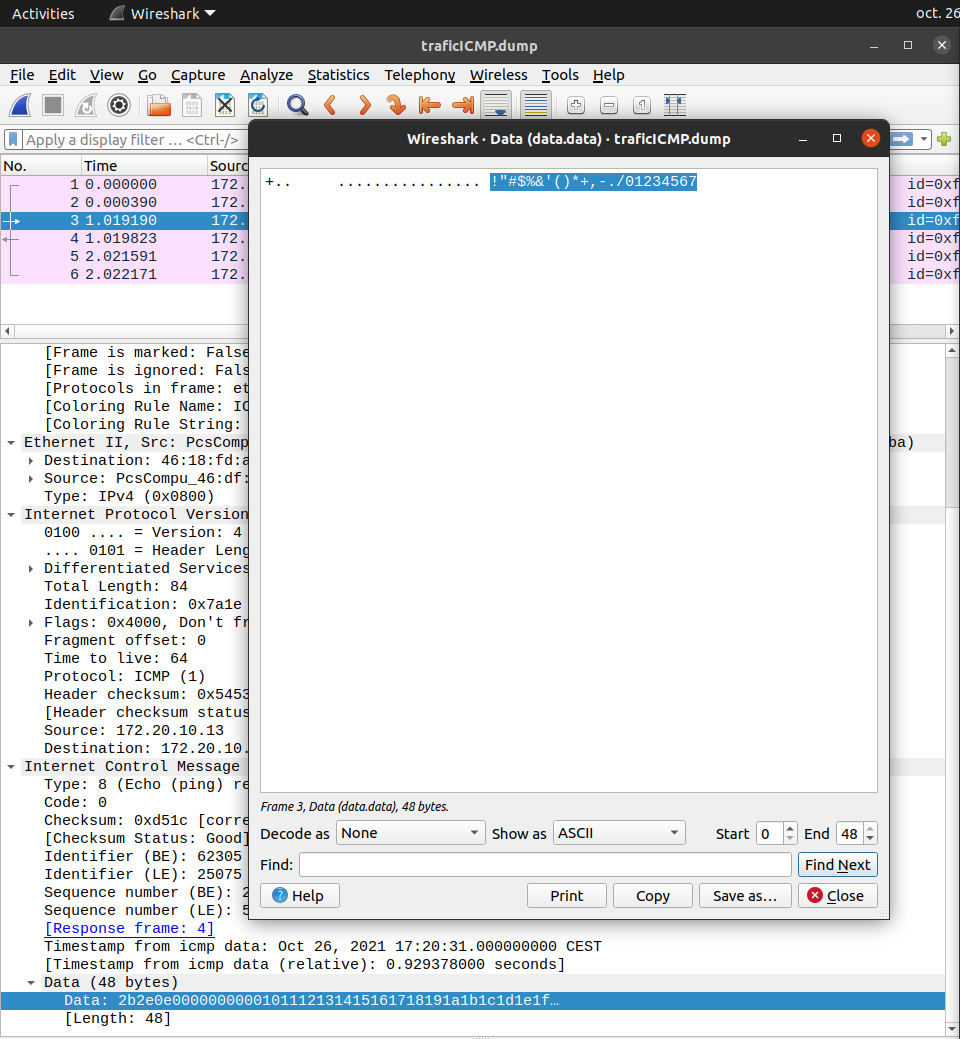 Capture d’écran du logiciel Wireshark affichant le contenu du paquet ICMP traduit de Base84 -> Texte