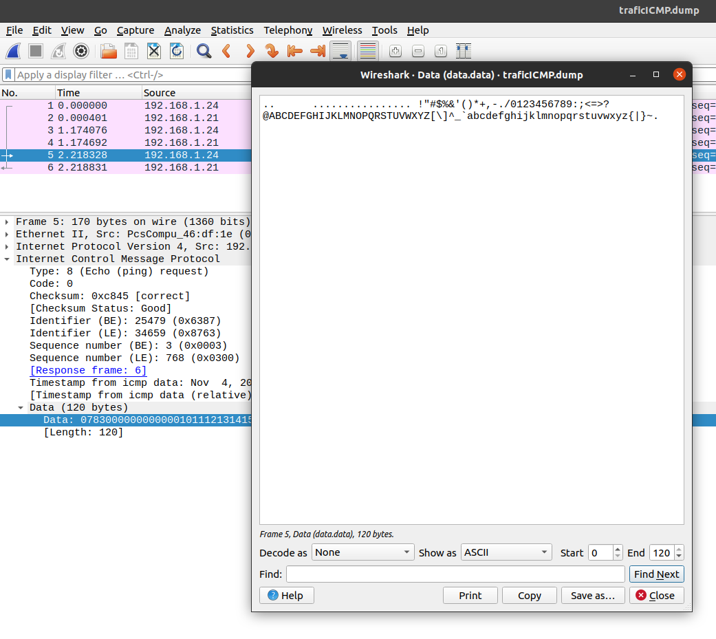 Capture d’écran du logiciel Wireshark affichant le contenu du paquet ICMP traduit de Base84 -> Texte