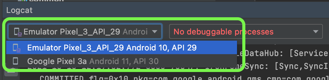 Capture d'écran d'Android Studio : la liste des équipements recoonus est affichée.