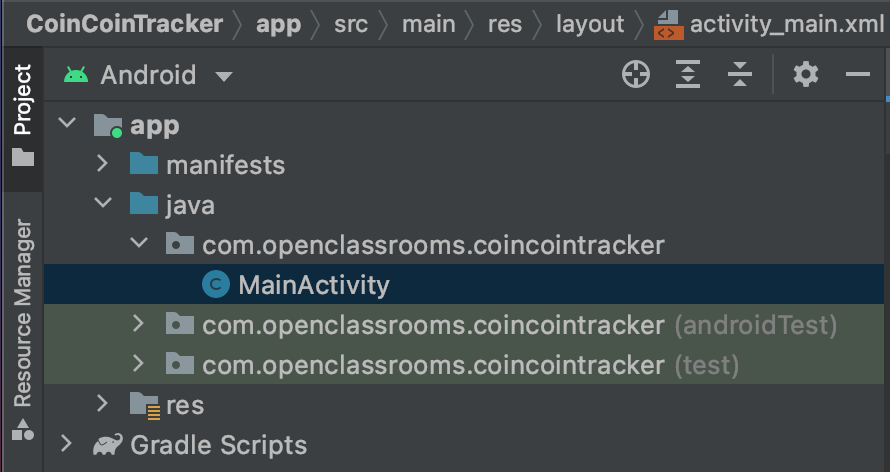 Capture d'écran illustrant l'arborescence de test de votre projet CoinCoinTracker. Les deux répertoires test et androidTest sont situés sous MainActivity.