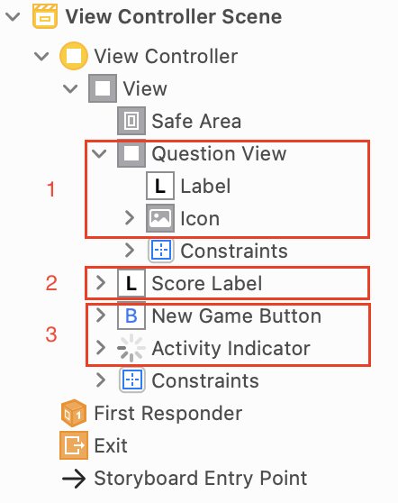 Nous pouvons créer 3 stack view en rassemblent les éléments de Question View, Score Label et New Game Button et son Activity Indicator
