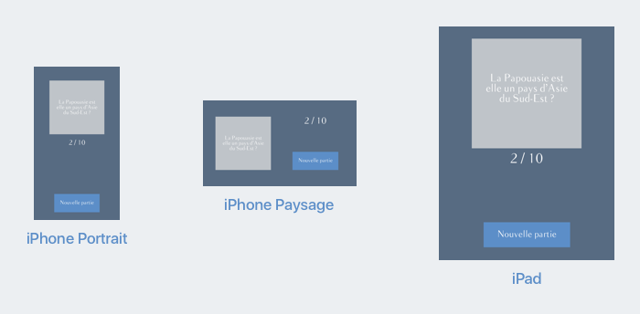 L'application s'ajuste pour l'iPhone en mode paysage avec la question à gauche et le bouton à droite. Pour l'iPad, l'application s'ajuste pour remplir l'écran.