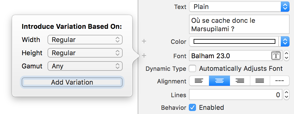En cliquant sur + sur Font, un menu propose d'ajouter des variations Width, Height et Gamut
