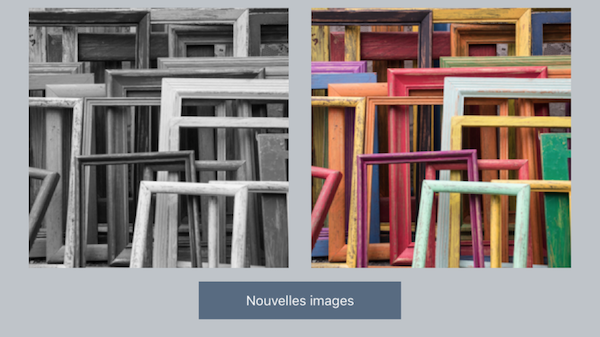 En mode paysage pour l'iPhone, une photo grisée s'affiche à gauche et une photo colorée s'affiche à droite