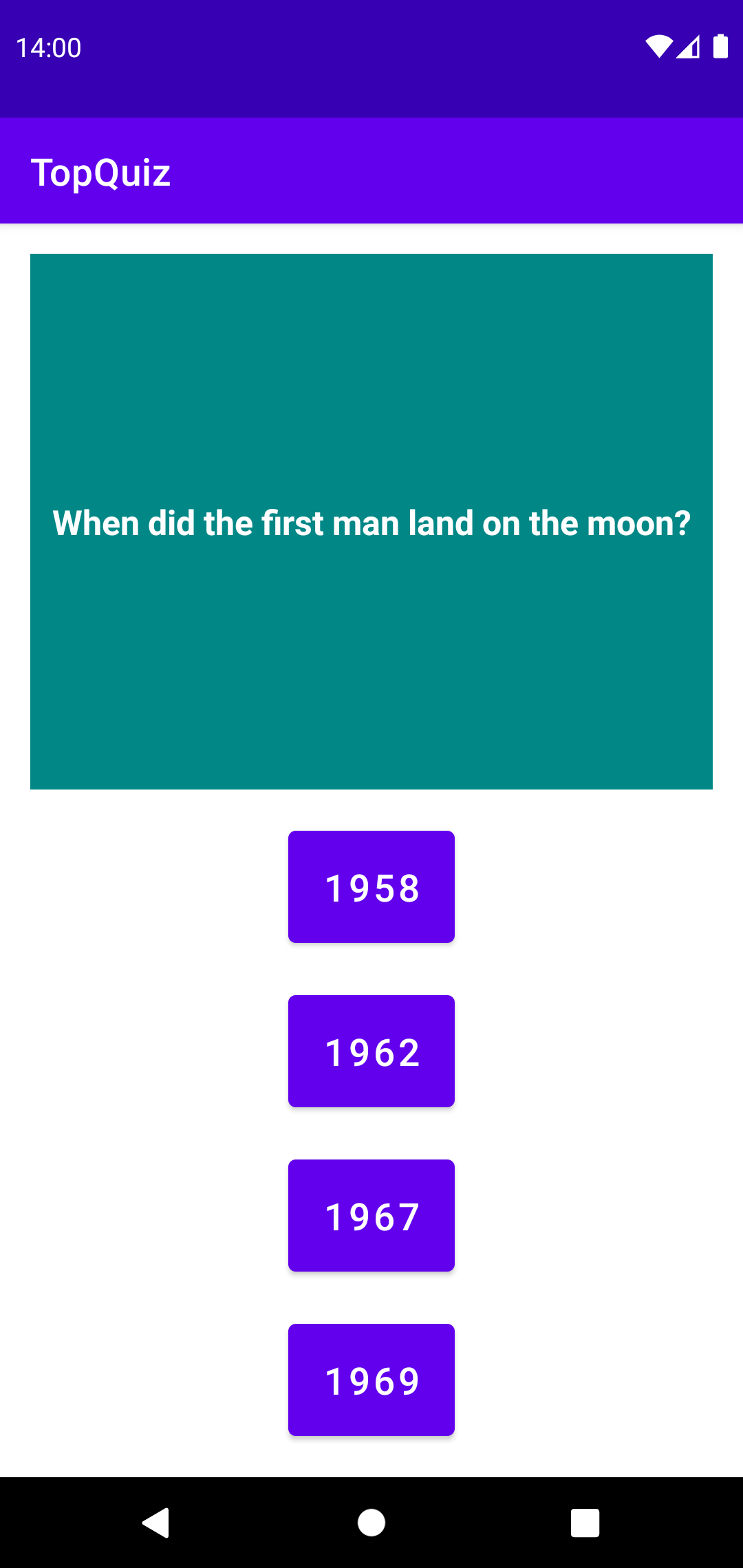 When did the first man land on the moon: 1958, 1962, 1967, or 1969?