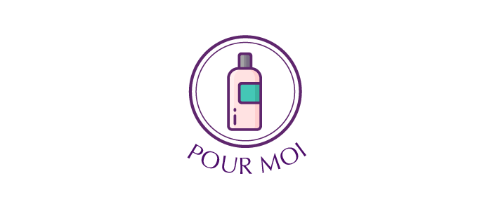 Logo représentant un flacon de shampoing dans un cercle. Couleur ton violet.