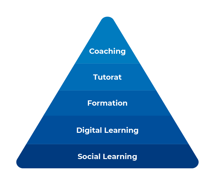 Illustration des différents dispositifs de développement de la compétence sous forme de pyramide : Social Learning, Digital Learning, formation, tutorat, coaching.