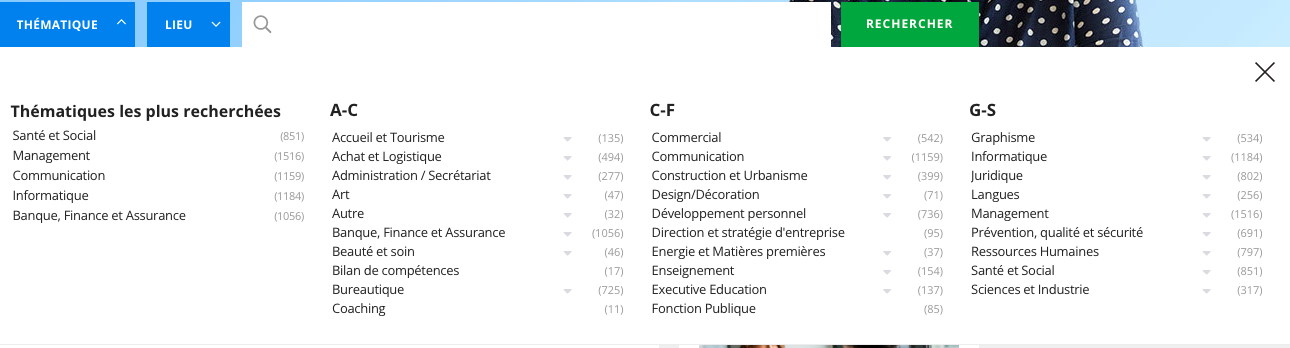 Capture d'écran du site topformation.fr : les organismes de formation sont référencés par thématique et par ordre alphabétique.