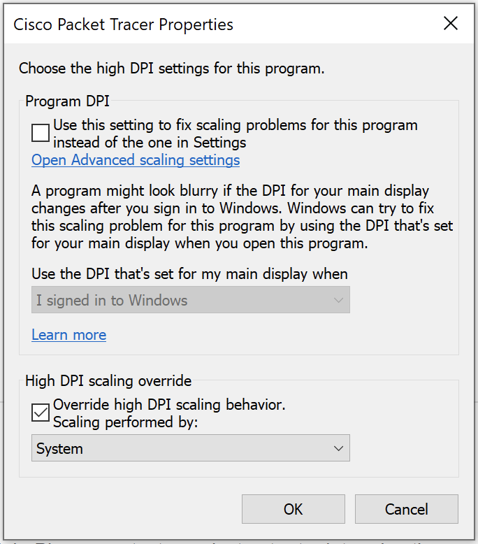 Select an option for scaling in Packet Tracer’s DPI settings